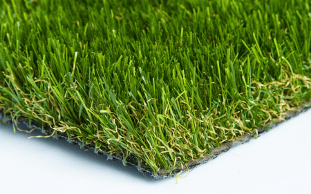 Close-up of a square piece of artificial grass turf.