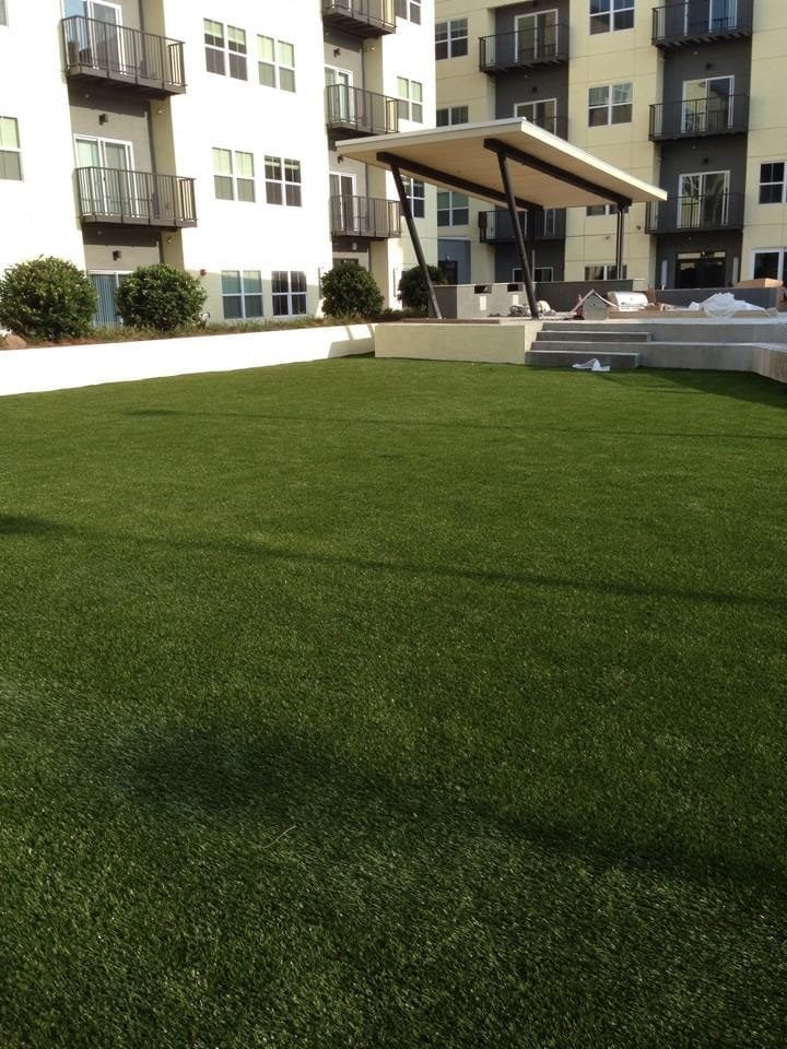 A neatly maintained green lawn in front of a residential building.