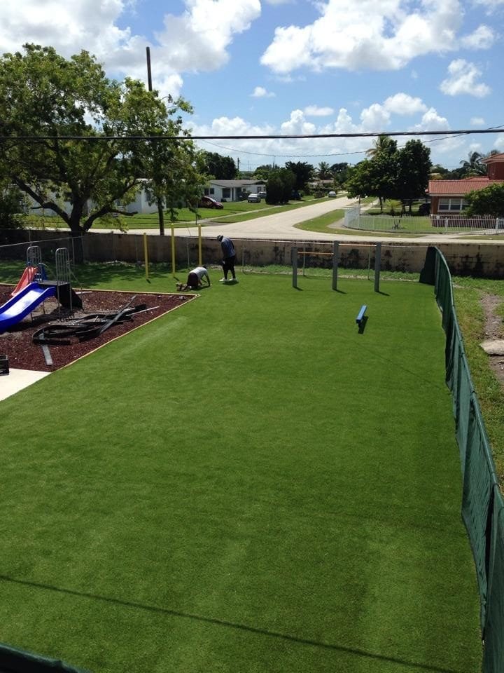 Dog agility course with ramps and fenced areas on grassy turf.