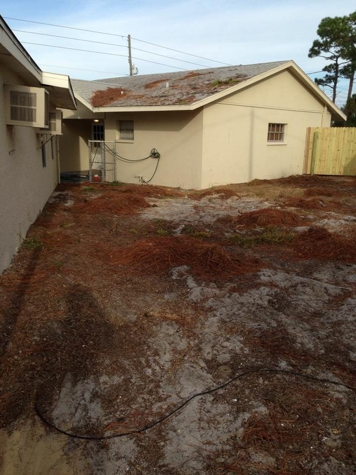 A backyard with dry, patchy grass and a beige shed or small building.