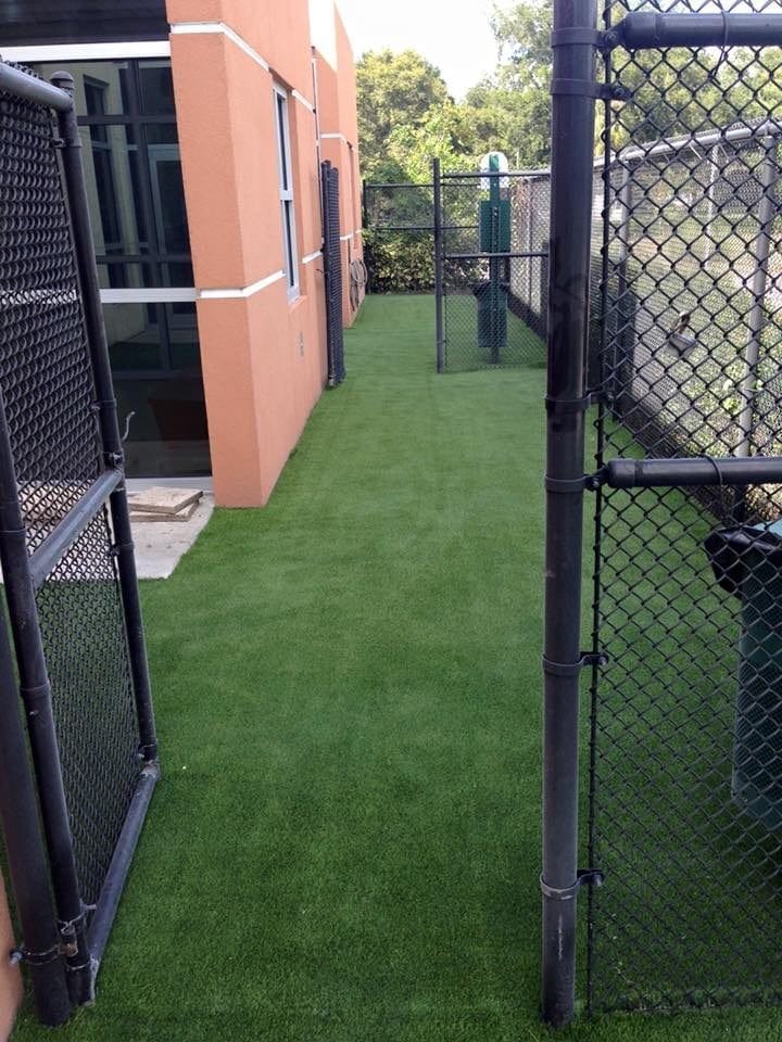 A fenced outdoor area with artificial grass between buildings.