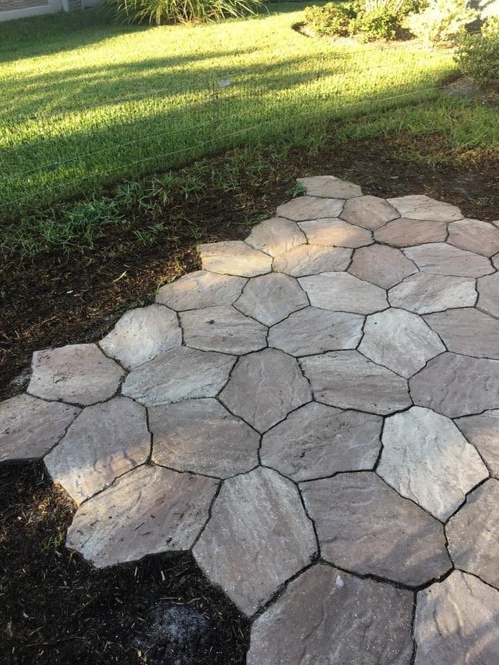 Hexagonal stone pathway laid in a garden area.