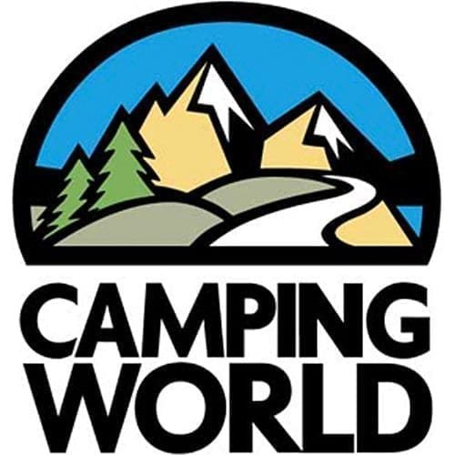 Logo featuring mountains, trees, and a winding path with text 'Camping World'.