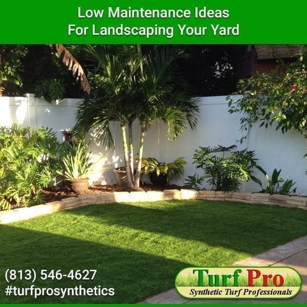 Advertisement for low-maintenance landscaping by Turf Pro with contact info.