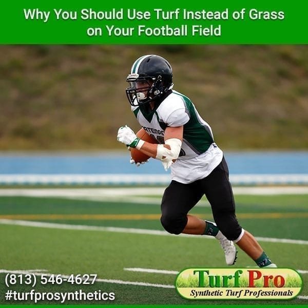 An athlete plays football on a turf field with an advertisement promoting Turf Pro synthetic turf.