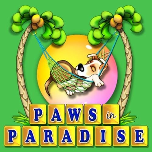 Logo of Paws Paradise with a dog swinging between palm trees.