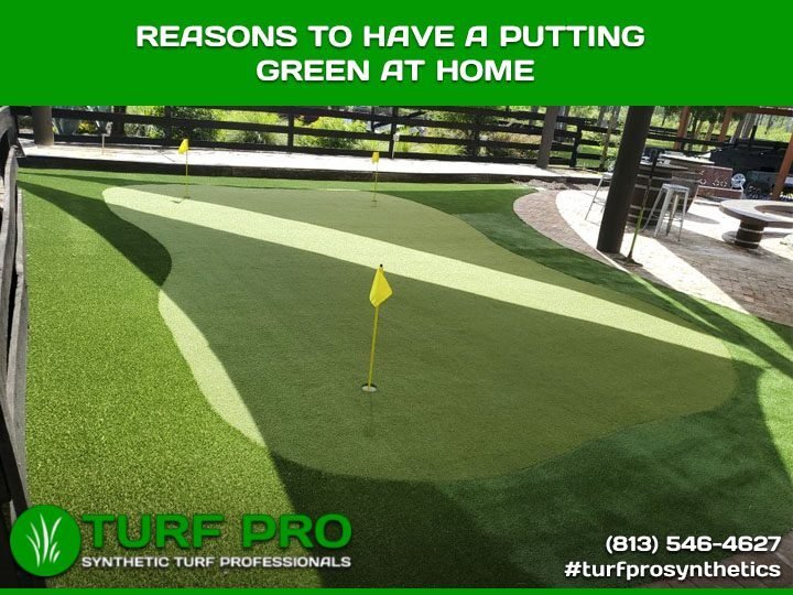 A backyard putting green with a golf hole and flag, promoting home putting greens.
