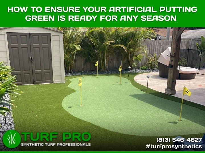 Artificial turf green in backyard ready for any season.