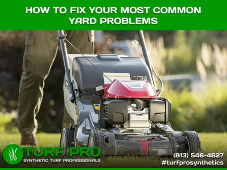 Lawn mower cutting grass in a yard, promoting yard problem solutions.