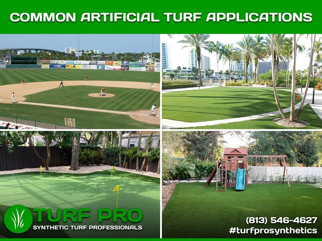 Various artificial turf applications in sports and residential areas by Turf Pro.