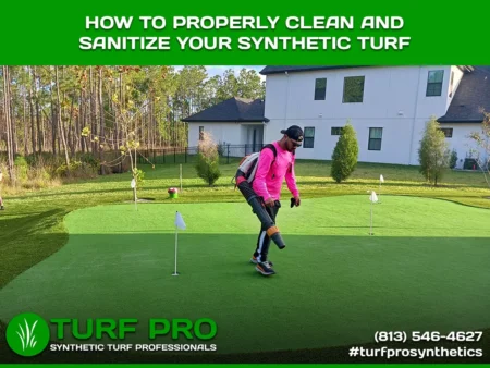 How To Properly Clean And Sanitize Your Synthetic Turf Person cleaning synthetic turf with specialized equipment on a putting green.