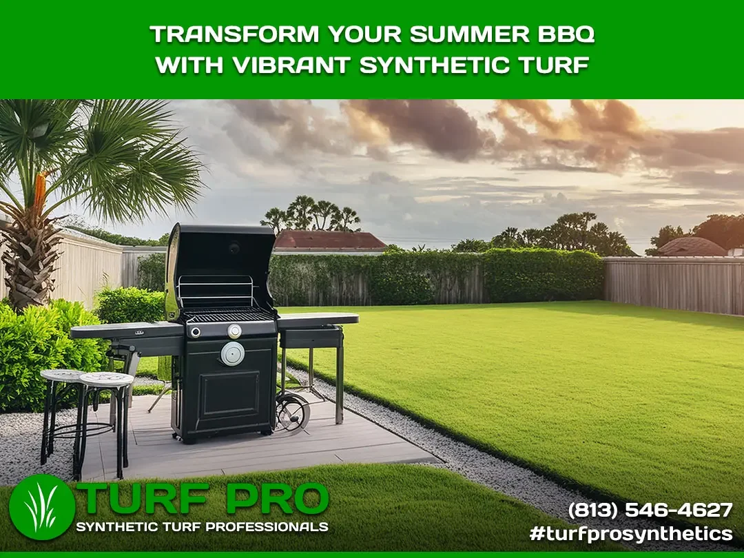 A backyard BBQ area with synthetic turf and a grill under a clear sky.