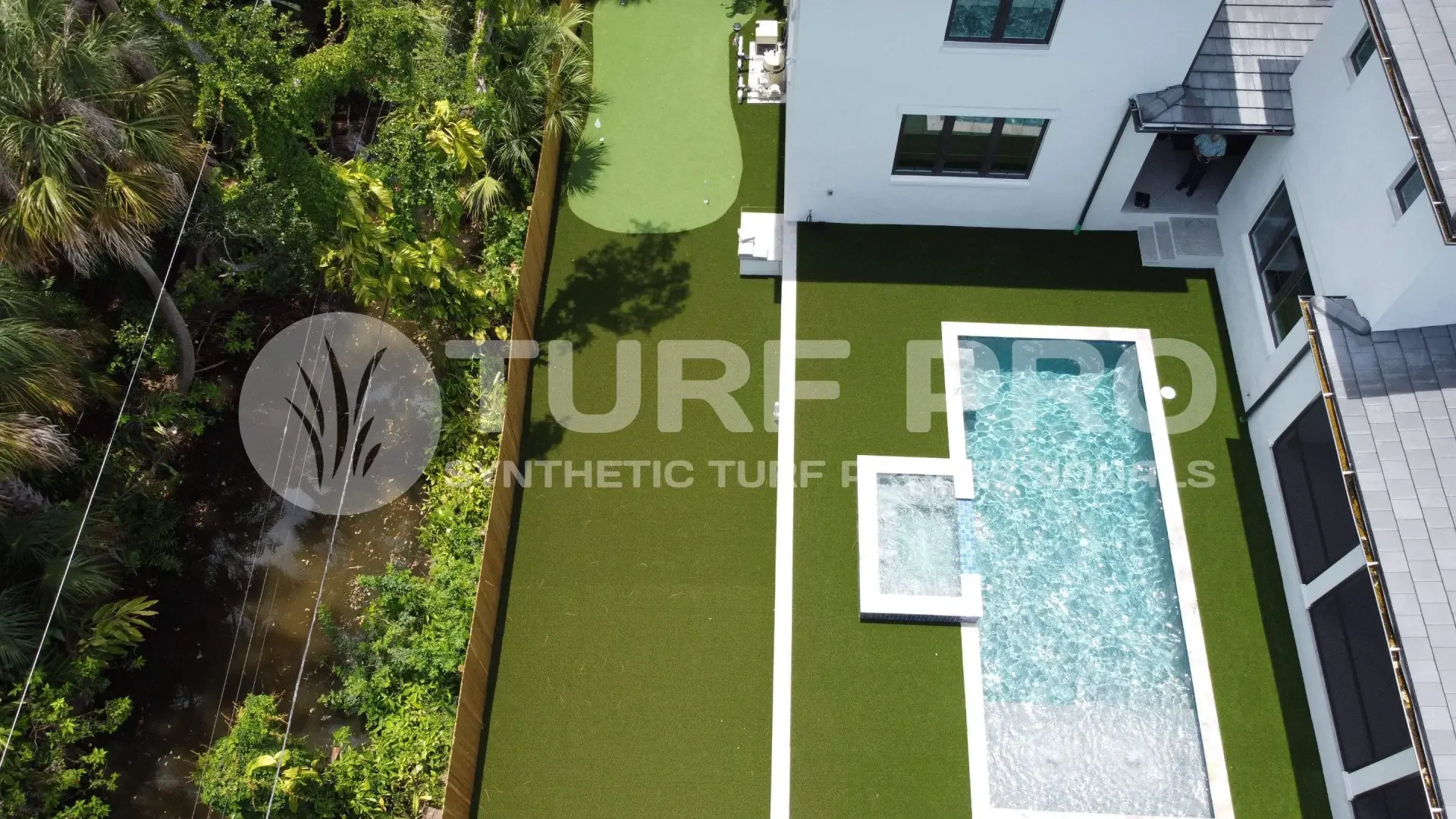 Aerial view of a modern backyard with a pool and artificial turf lawn.