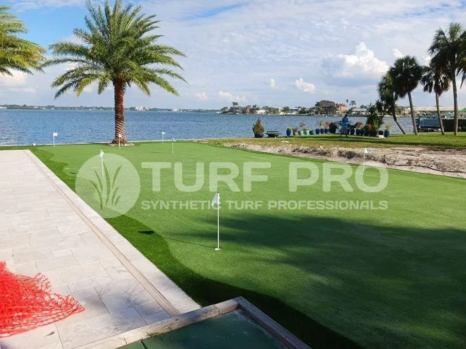 Synthetic turf putting green by a waterfront with palm trees and boats.