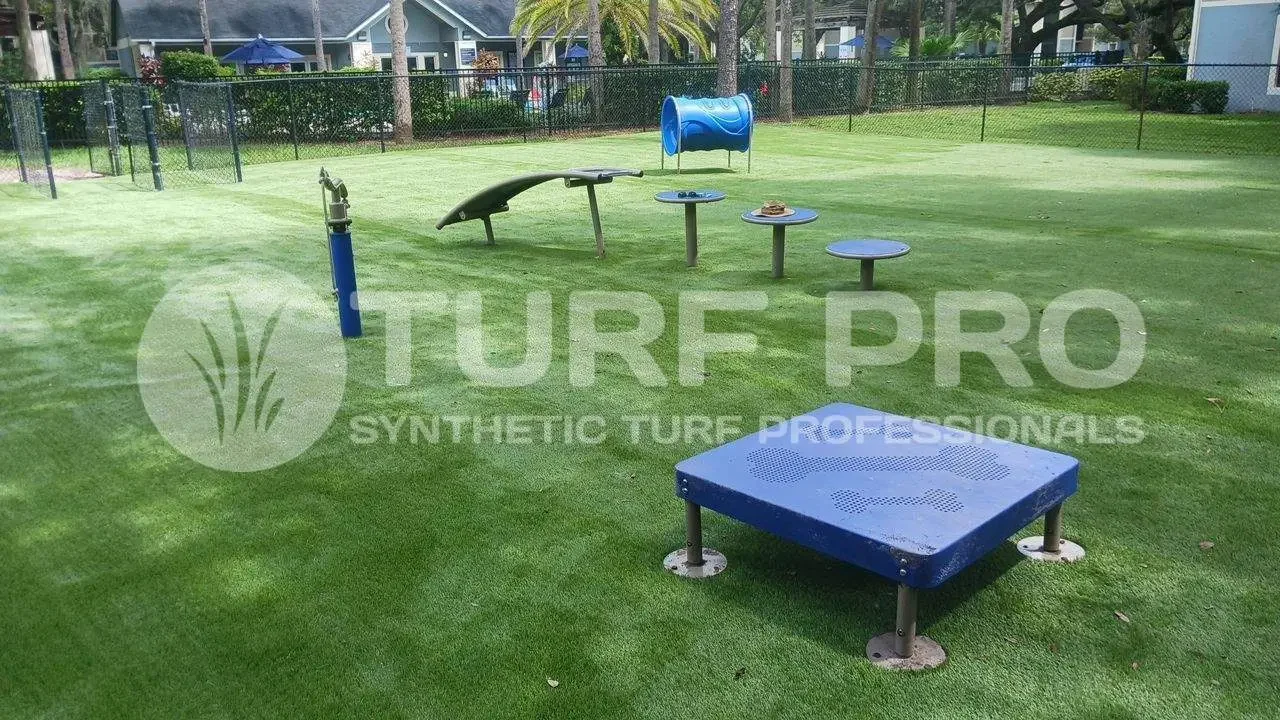 Synthetic turf dog park with agility equipment and trees.