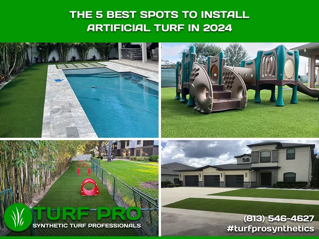 Five top locations to install artificial turf in 2024, shown in diverse settings.