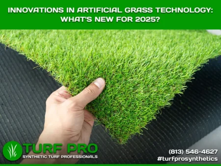 Hand holding a piece of artificial grass with text about 2025 grass technology innovations.