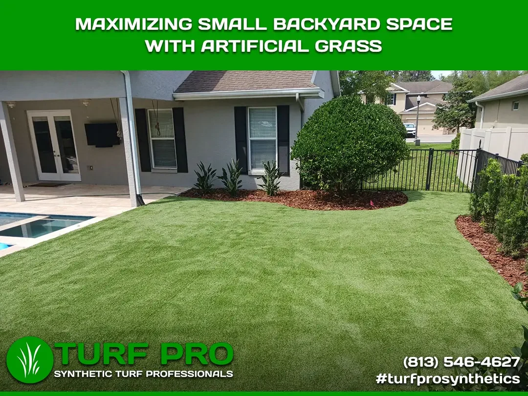 A backyard transformed with lush artificial grass for a neat, green look.