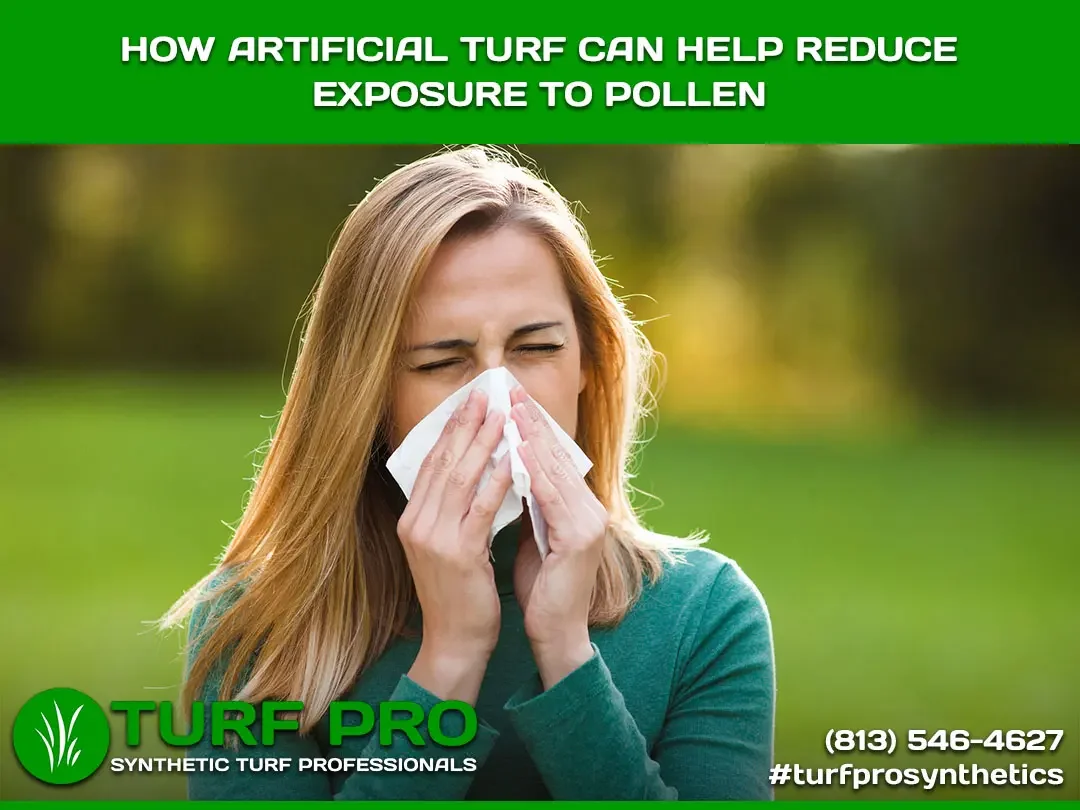 Woman sneezing outdoors, highlighting pollen allergy and artificial turf benefits.