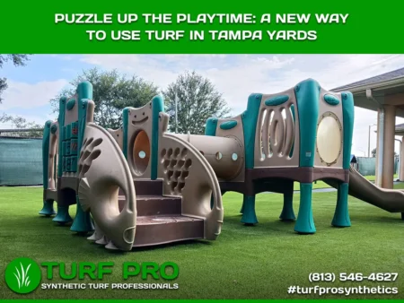 Colorful children's playground with turf flooring in Tampa yards.
