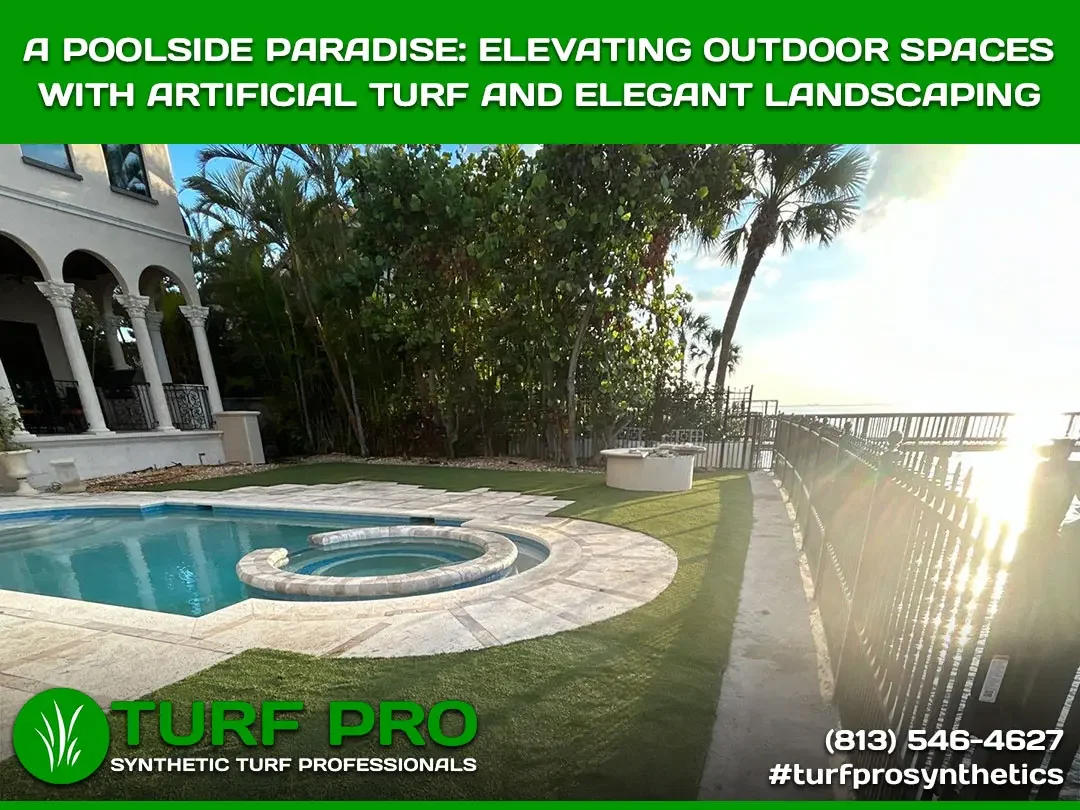 Elegant backyard with spa, artificial turf, and lush landscaping.