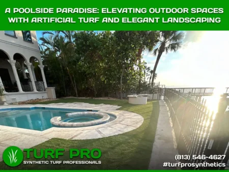 Elegant backyard with spa, artificial turf, and lush landscaping.